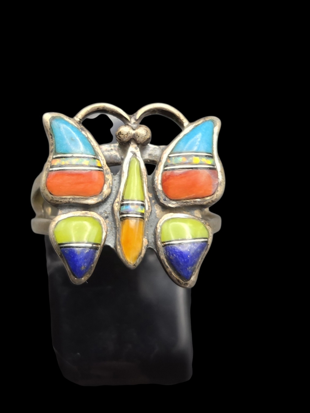 Multicolor Butterfly Inlay Sterling-Style Ring - Bright Colors Stone Inlay